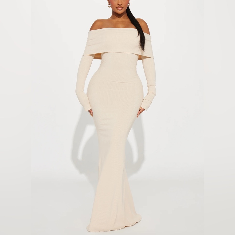 Cream Off-Shoulder Long Sleeve Bodycon Maxi Dress